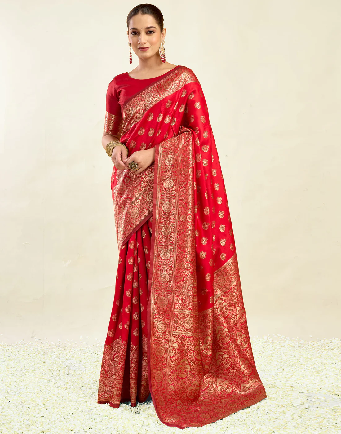 Regal Red Banarasi Silk Saree with Grand Golden Zari Weaving