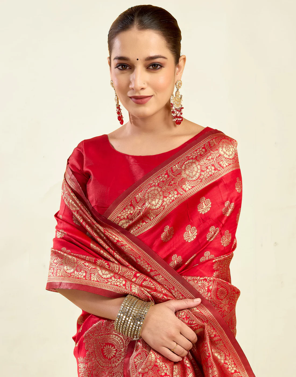 Regal Red Banarasi Silk Saree with Grand Golden Zari Weaving