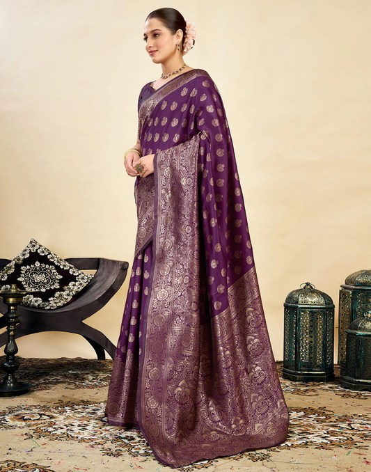 Opulent Wine Banarasi Silk Saree with Luxurious Golden Zari Weaving