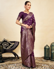 Opulent Wine Banarasi Silk Saree with Luxurious Golden Zari Weaving