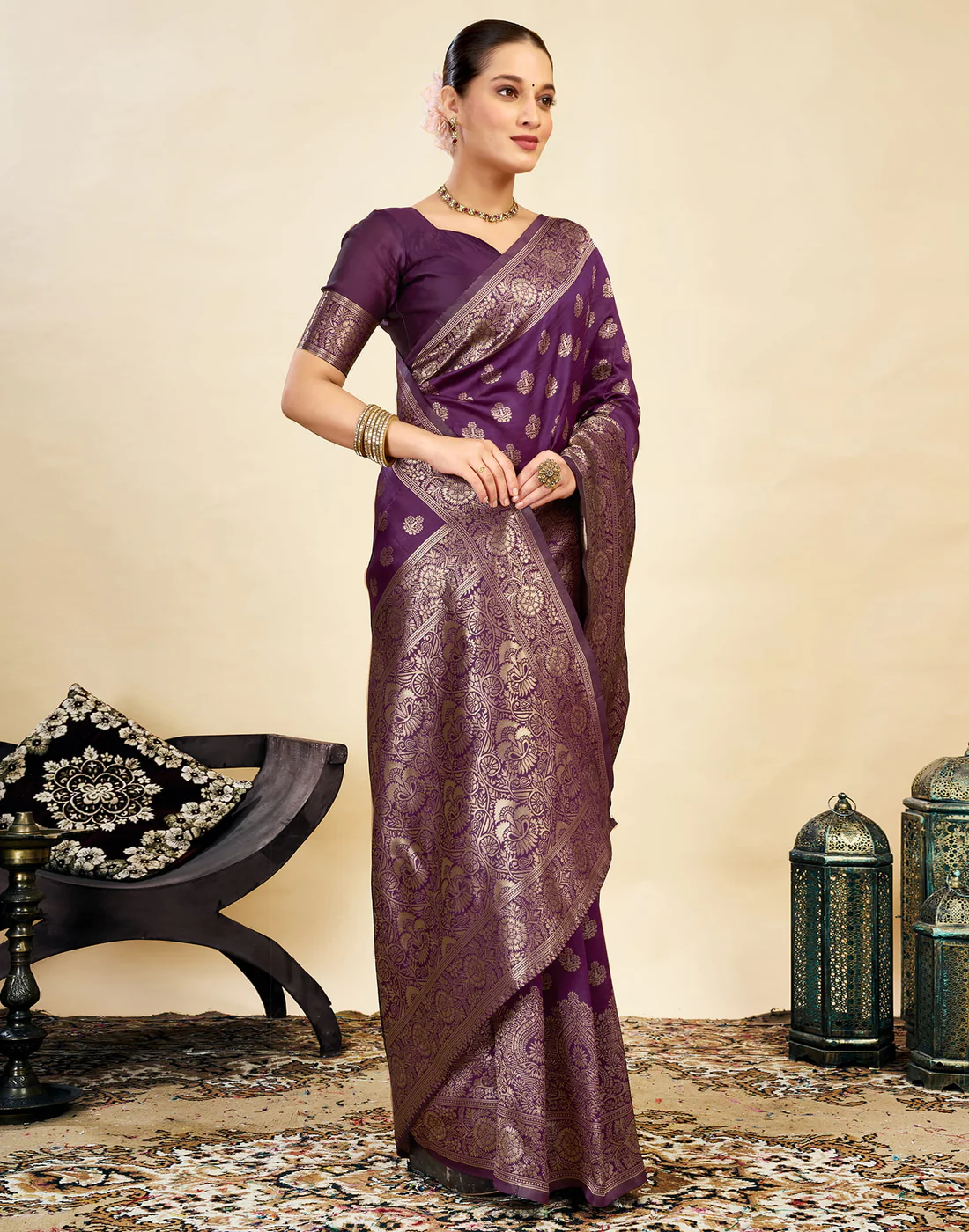 Opulent Wine Banarasi Silk Saree with Luxurious Golden Zari Weaving