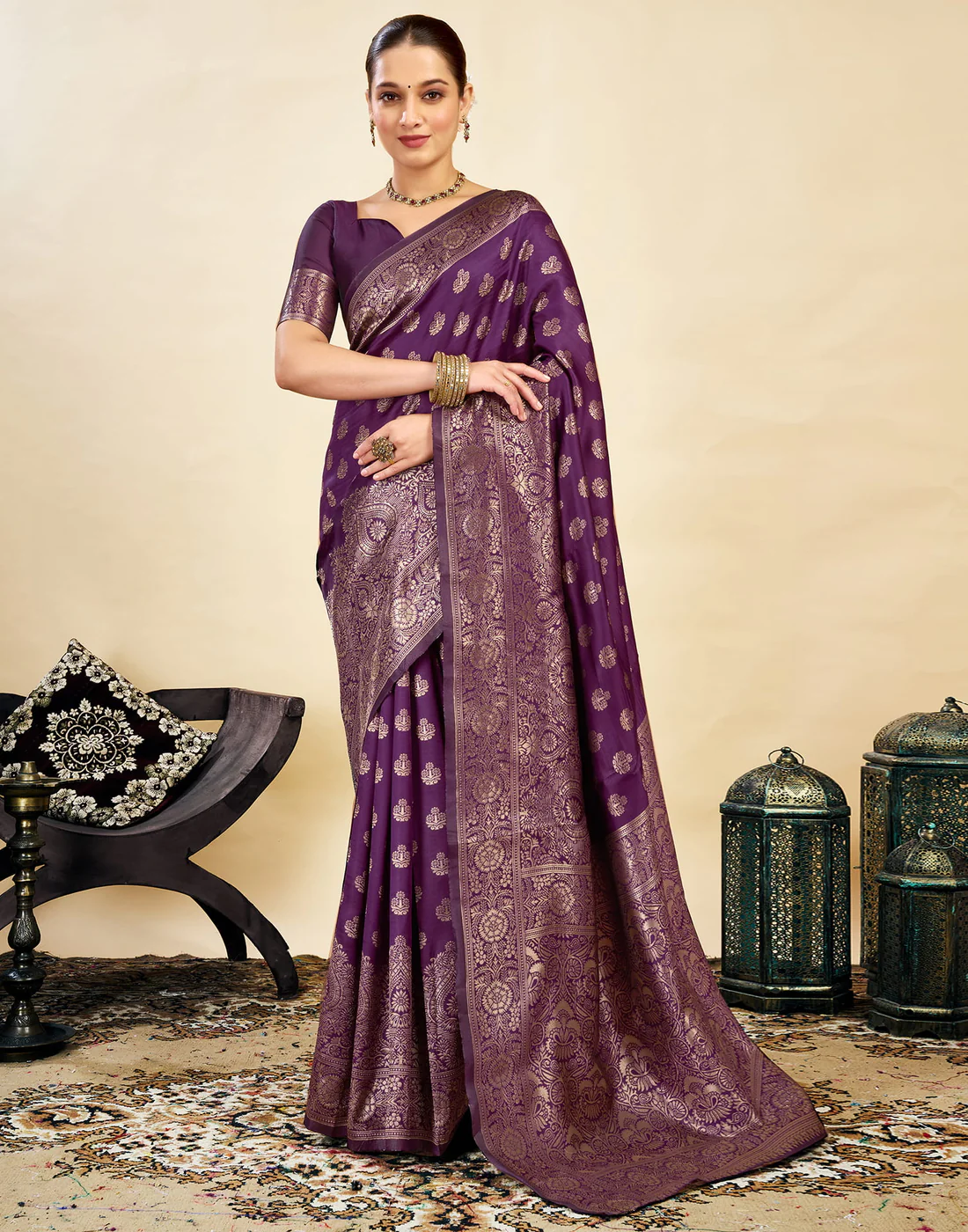 Opulent Wine Banarasi Silk Saree with Luxurious Golden Zari Weaving