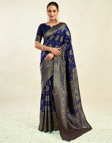 Majestic Navy Blue Banarasi Silk Saree with Intricate Zari Weaving
