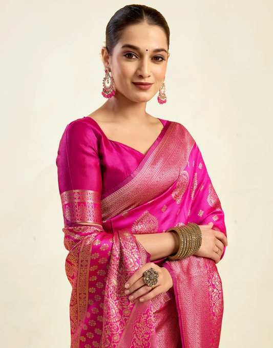 Vibrant Rani Pink Banarasi Silk Saree with Luxurious Zari Weaving
