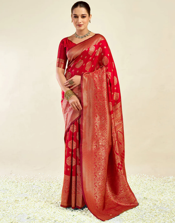 Stunning Red Banarasi Silk Saree with Luxurious Golden Zari Weaving