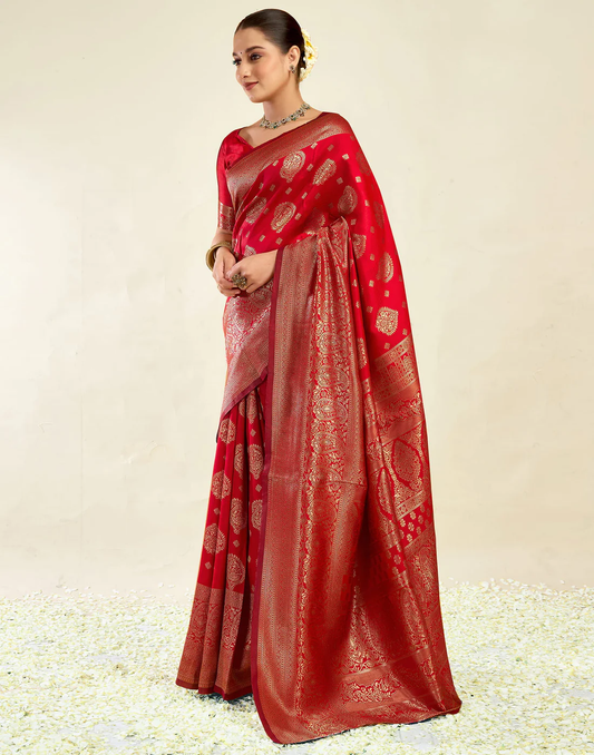 Stunning Red Banarasi Silk Saree with Luxurious Golden Zari Weaving