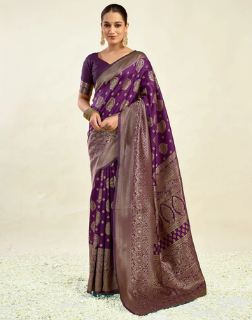 Opulent Wine Banarasi Silk Saree with Luxurious Golden Zari Weaving