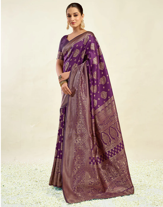 Opulent Wine Banarasi Silk Saree with Luxurious Golden Zari Weaving