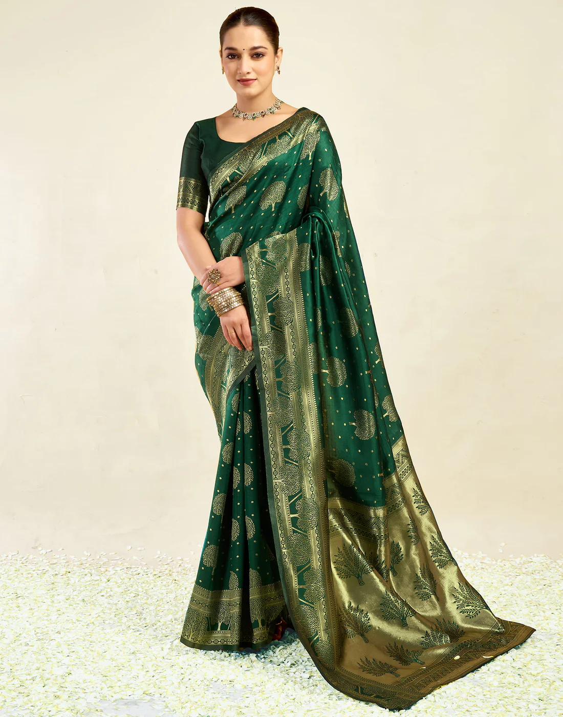 Enchanting Bottle Green Banarasi Silk Saree with Tree Motif Zari Weaving