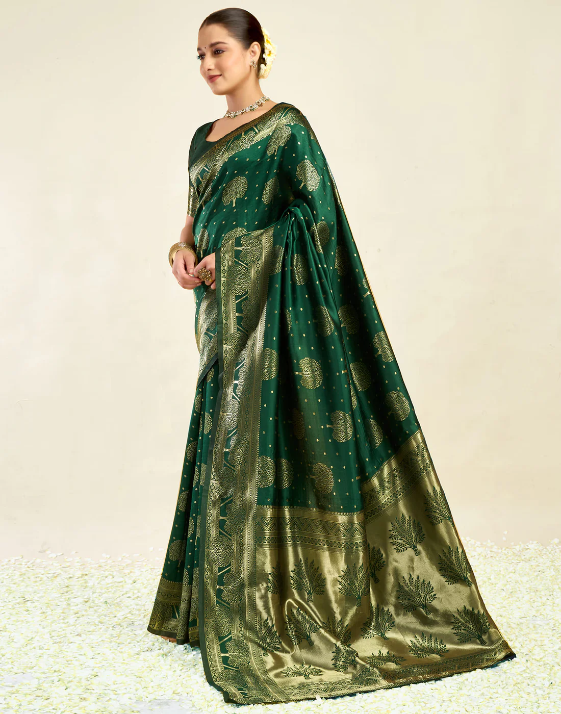 Enchanting Bottle Green Banarasi Silk Saree with Tree Motif Zari Weaving