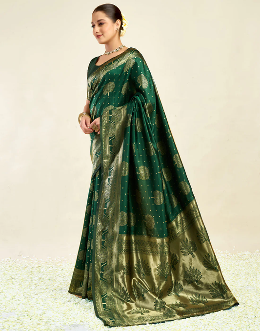 Enchanting Bottle Green Banarasi Silk Saree with Tree Motif Zari Weaving