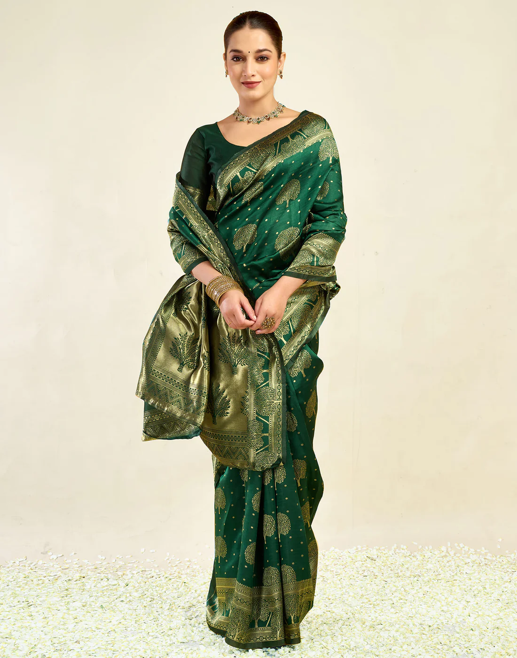 Enchanting Bottle Green Banarasi Silk Saree with Tree Motif Zari Weaving