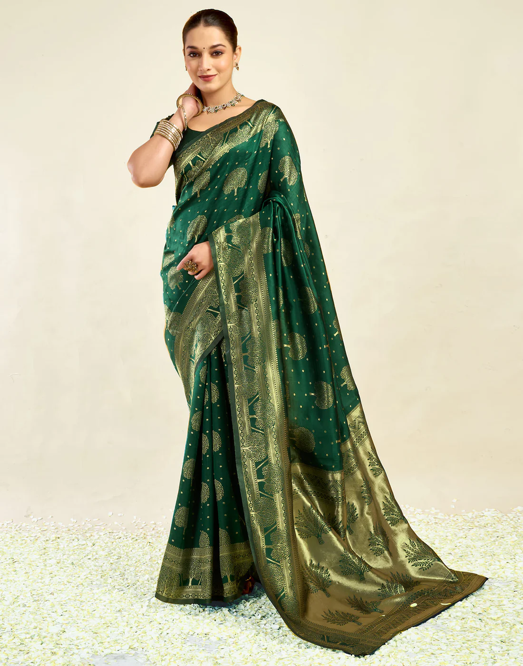 Enchanting Bottle Green Banarasi Silk Saree with Tree Motif Zari Weaving