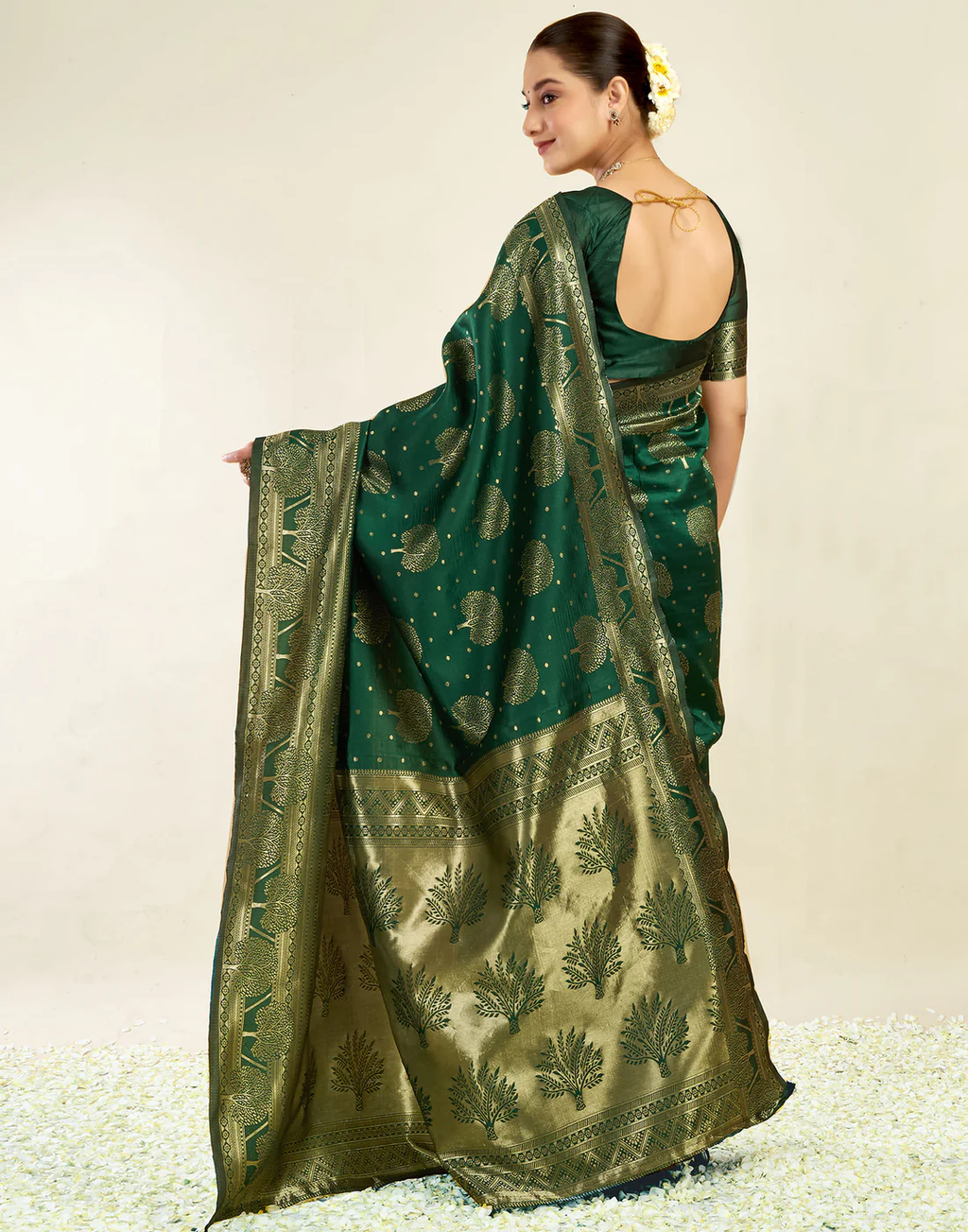 Enchanting Bottle Green Banarasi Silk Saree with Tree Motif Zari Weaving