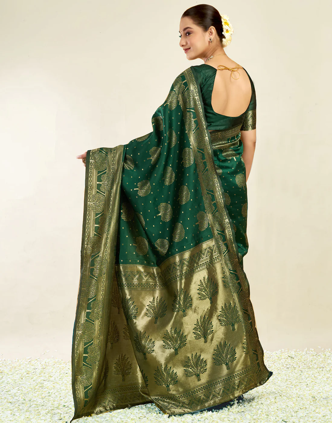 Enchanting Bottle Green Banarasi Silk Saree with Tree Motif Zari Weaving