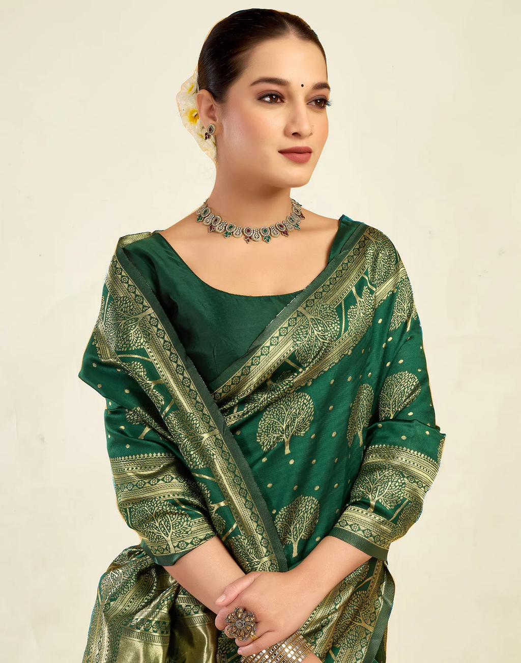 Enchanting Bottle Green Banarasi Silk Saree with Tree Motif Zari Weaving