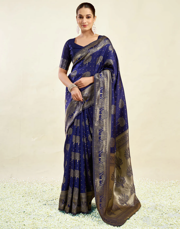 Striking Navy Blue Banarasi Silk Saree with Grand Zari Weaving