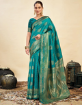 Exquisite Teal Banarasi Silk Saree with Luxurious Golden Zari Weaving