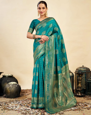 Exquisite Teal Banarasi Silk Saree with Luxurious Golden Zari Weaving