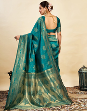Exquisite Teal Banarasi Silk Saree with Luxurious Golden Zari Weaving