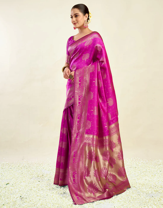 Dazzling Raspberry Pink Banarasi Silk Saree with Elegant Zari Weaving