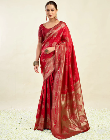 Classic Red Banarasi Silk Saree with Luxurious Golden Zari Weaving