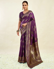 Opulent Wine Banarasi Silk Saree with Luxurious Golden Zari Weaving