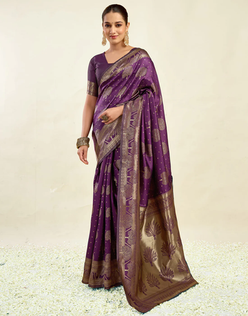 Opulent Wine Banarasi Silk Saree with Luxurious Golden Zari Weaving