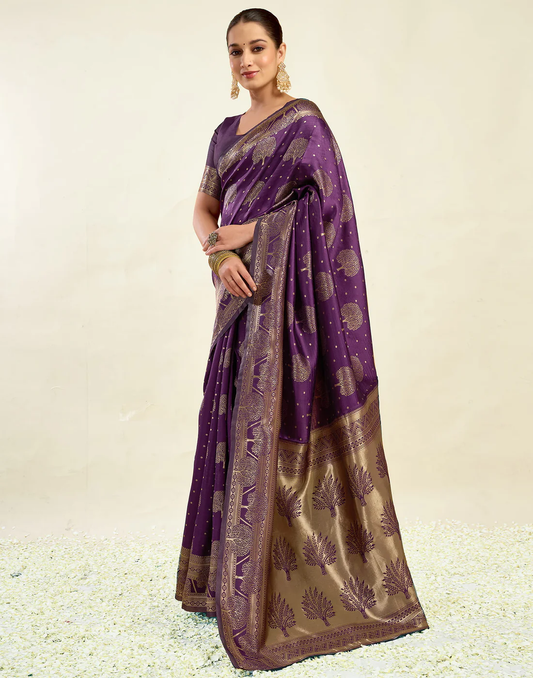 Opulent Wine Banarasi Silk Saree with Luxurious Golden Zari Weaving
