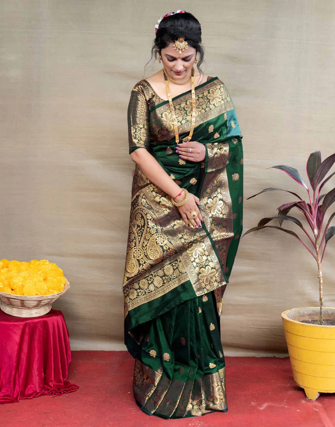 Regal Bottle Green Banarasi Silk Saree with Golden Zari Weaving