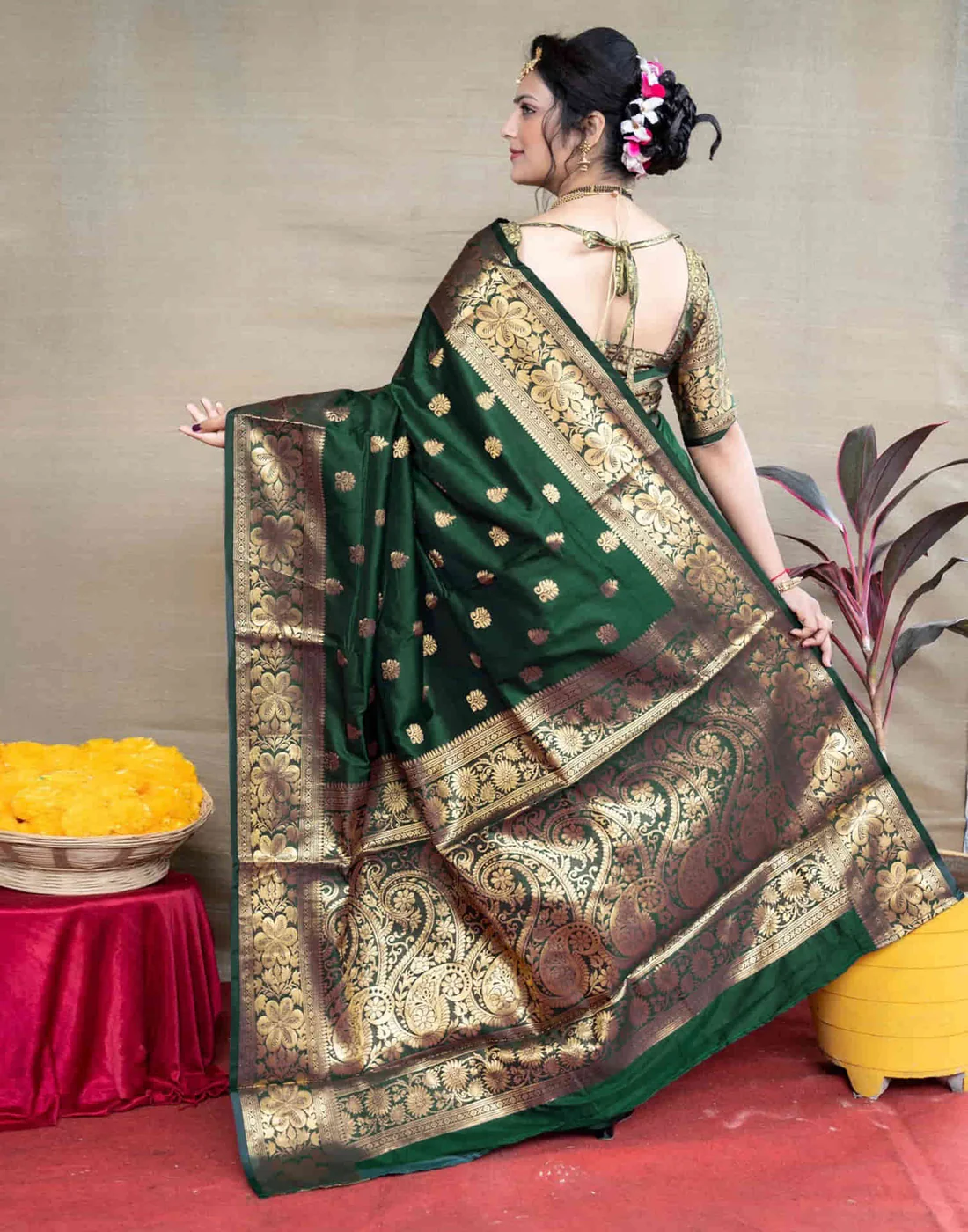 Regal Bottle Green Banarasi Silk Saree with Golden Zari Weaving