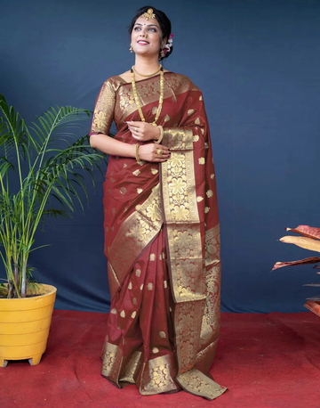 Rich Maroon Banarasi Silk Saree with Luxurious Golden Zari Weaving