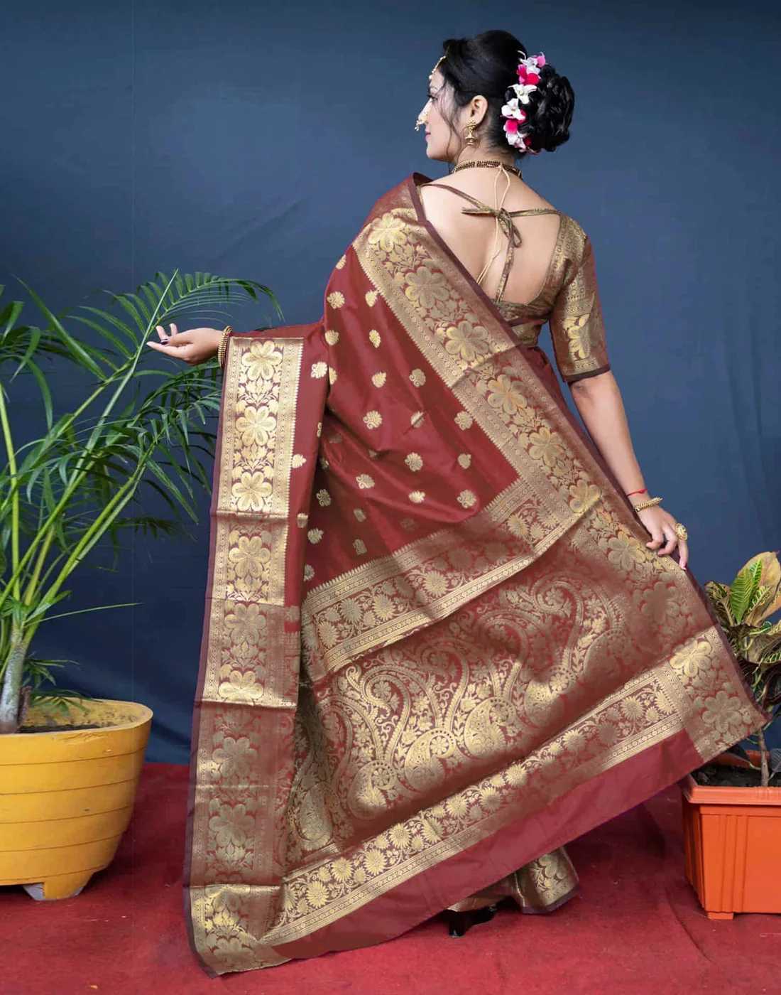 Rich Maroon Banarasi Silk Saree with Luxurious Golden Zari Weaving