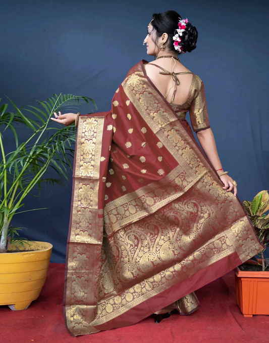 Rich Maroon Banarasi Silk Saree with Luxurious Golden Zari Weaving