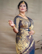 Enchanting Peacock Blue Banarasi Silk Saree with Grand Zari Weaving