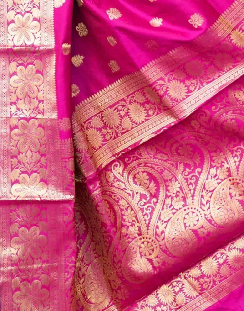 Vibrant Rani Pink Banarasi Silk Saree with Luxurious Golden Zari Weaving