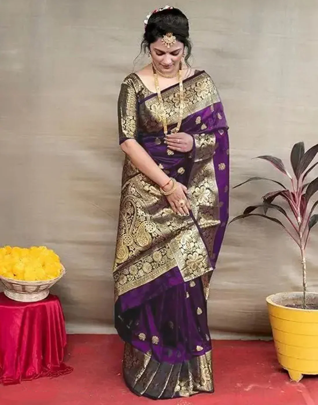 Opulent Wine Banarasi Silk Saree with Luxurious Golden Zari Weaving