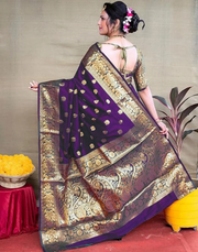 Opulent Wine Banarasi Silk Saree with Luxurious Golden Zari Weaving