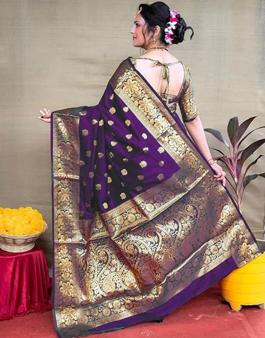 Opulent Wine Banarasi Silk Saree with Luxurious Golden Zari Weaving