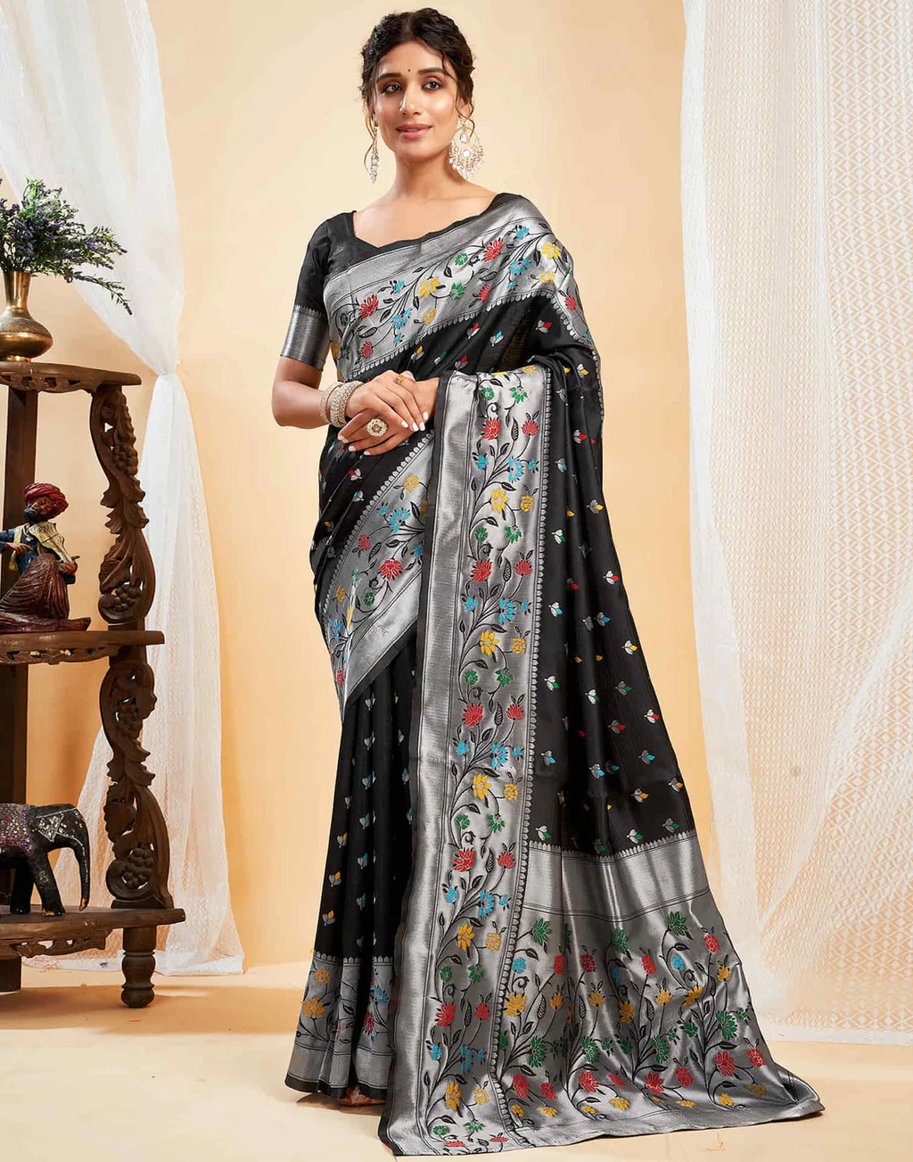 Chic Black Banarasi Silk Saree
