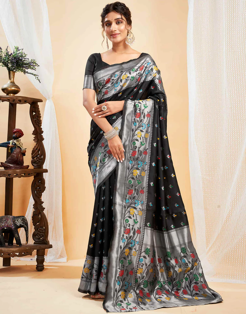 Chic Black Banarasi Silk Saree