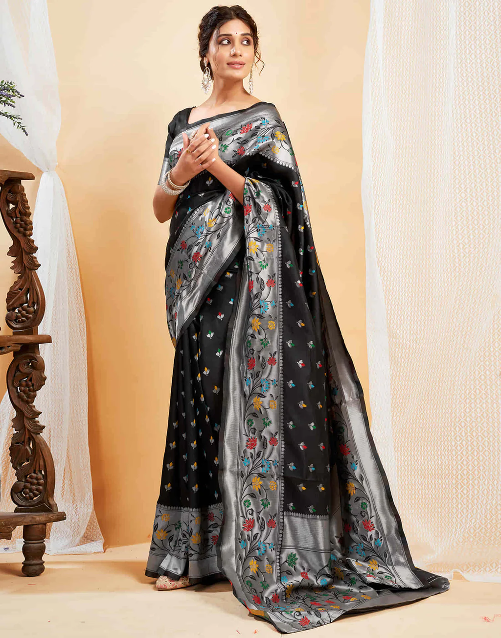 Chic Black Banarasi Silk Saree