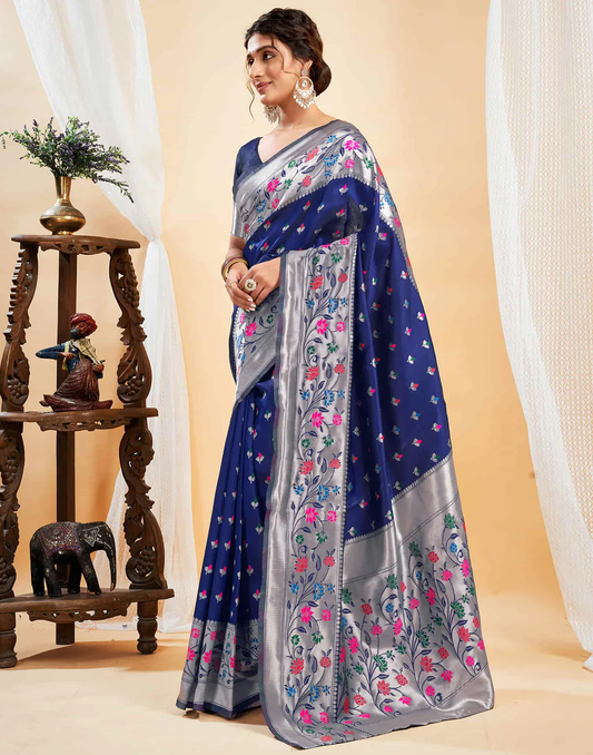 Regal Navy Blue Banarasi Silk Saree