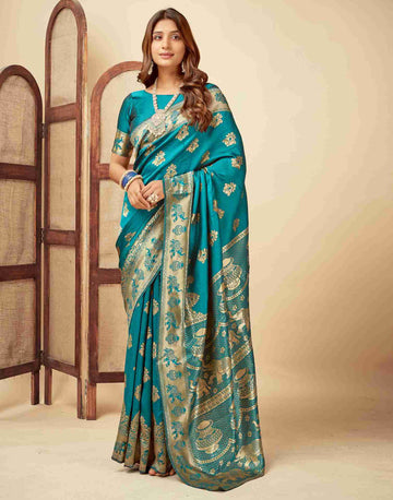Elegant Teal Banarasi Silk Saree with Golden Zari Motifs