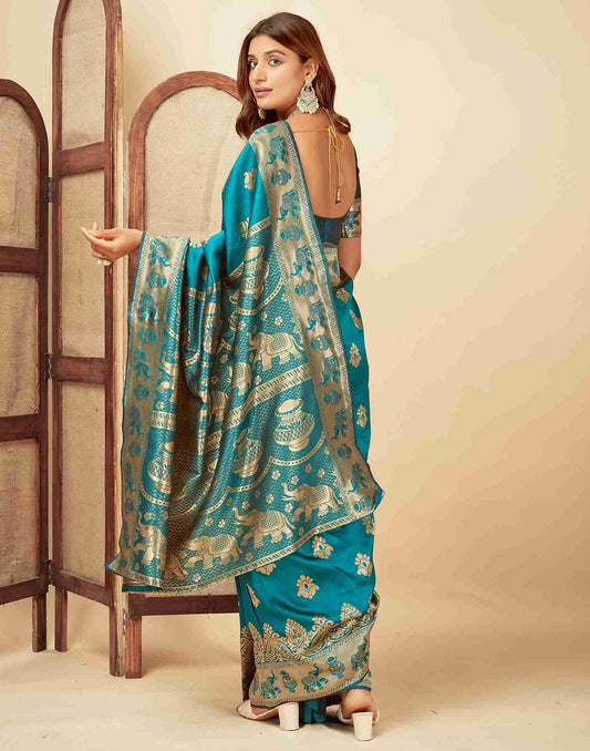 Elegant Teal Banarasi Silk Saree with Golden Zari Motifs