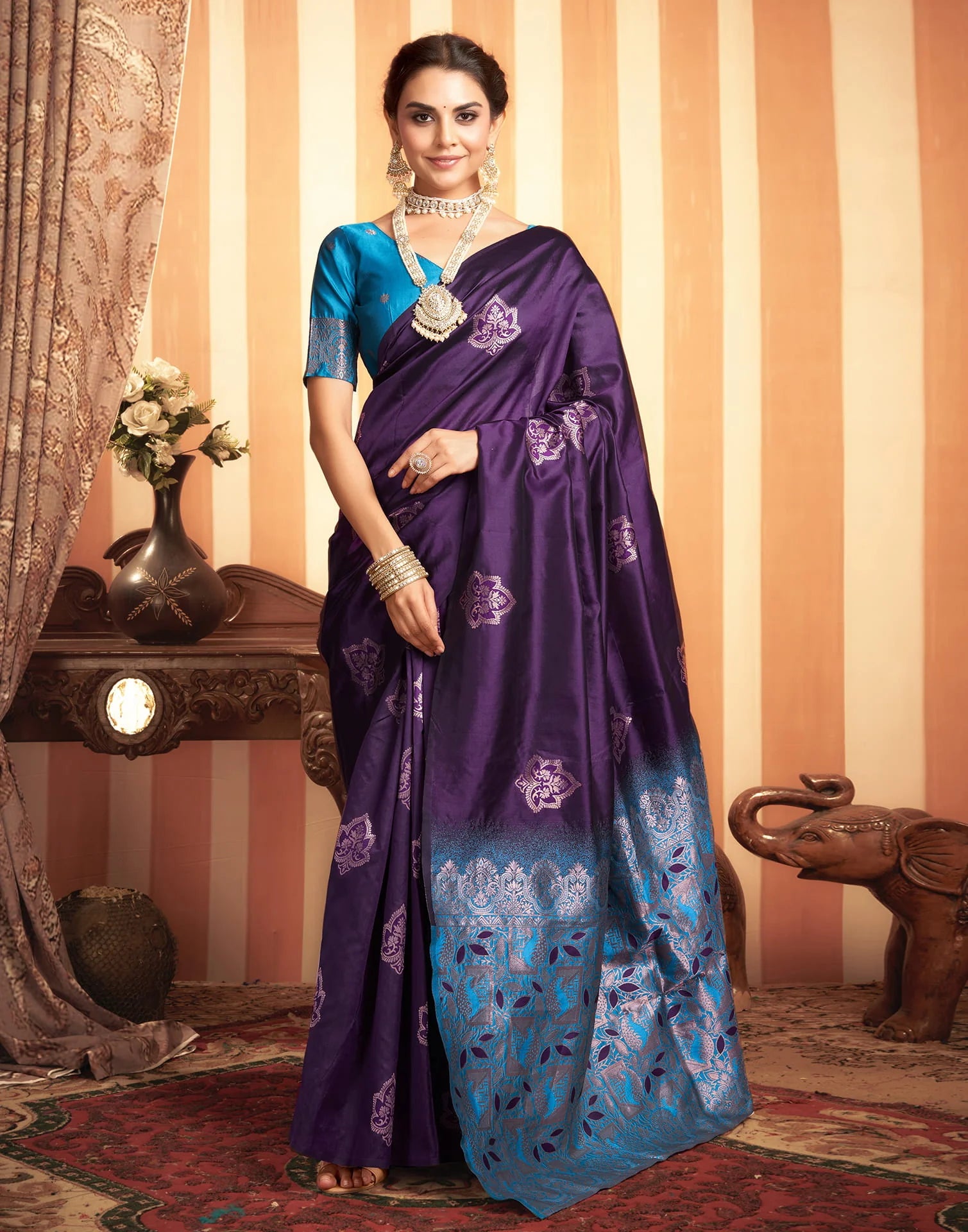 Majestic Purple Silk Saree with Blue Zari Woven Pallu