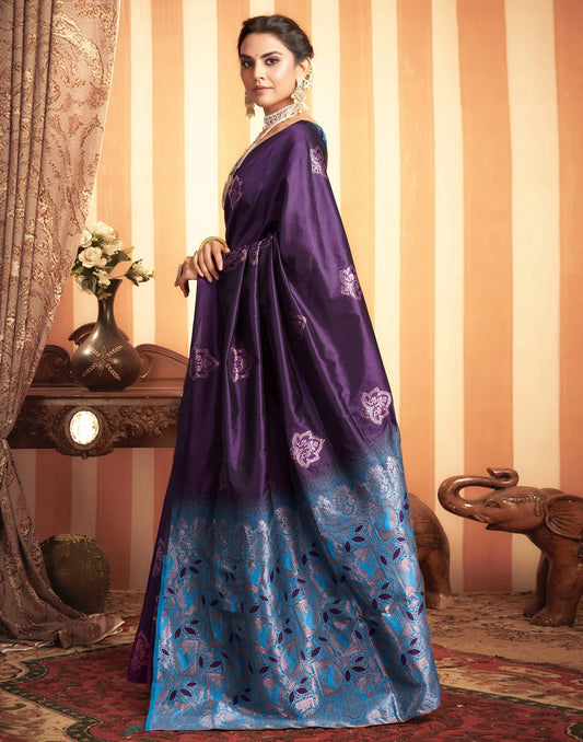 Majestic Purple Silk Saree with Blue Zari Woven Pallu