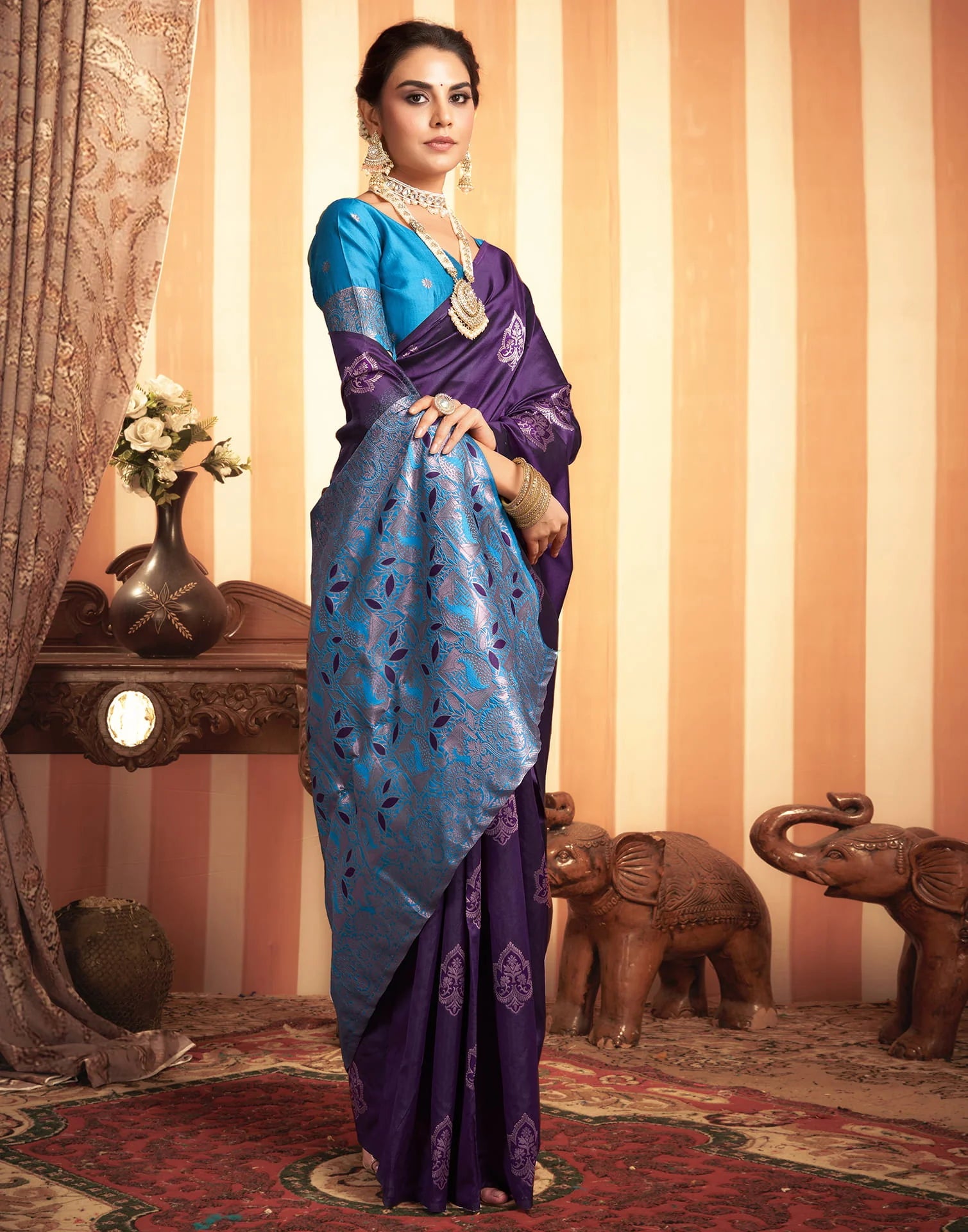 Majestic Purple Silk Saree with Blue Zari Woven Pallu