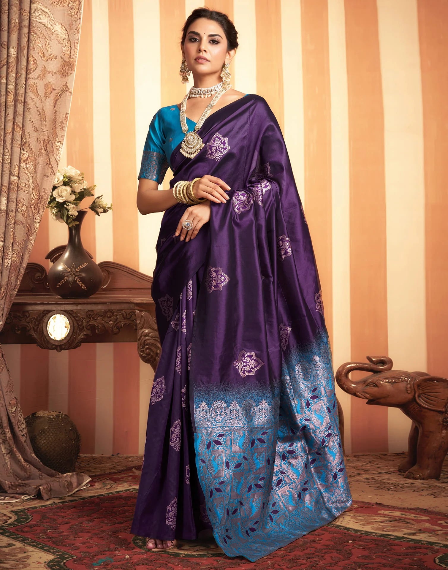 Majestic Purple Silk Saree with Blue Zari Woven Pallu