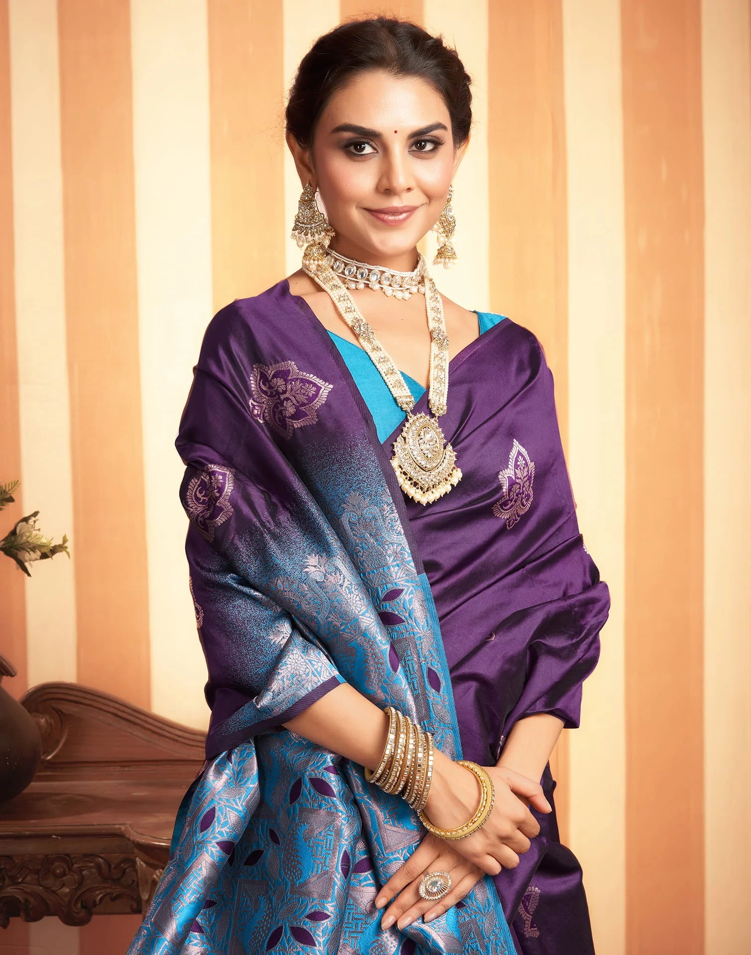 Majestic Purple Silk Saree with Blue Zari Woven Pallu